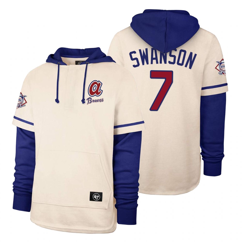 Men Atlanta Braves #7 Swanson Cream 2021 Pullover Hoodie MLB Jersey